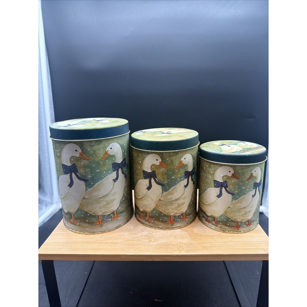 Vintage Country Goose Tin Canister Set 3 Nesting Blue Bows Cottagecore Decor